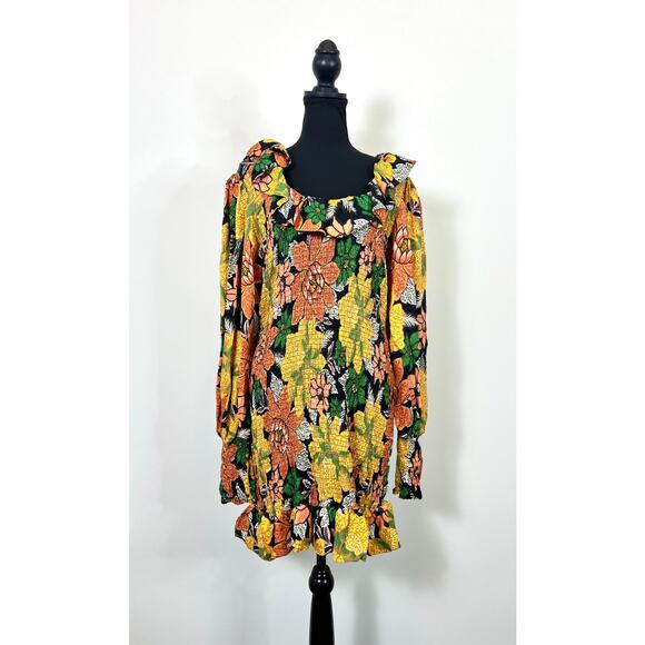 FARM Rio Black Garden Lenzing Dress in Yellow Floral Print Size XL Midi Summer - Picture 2 of 5